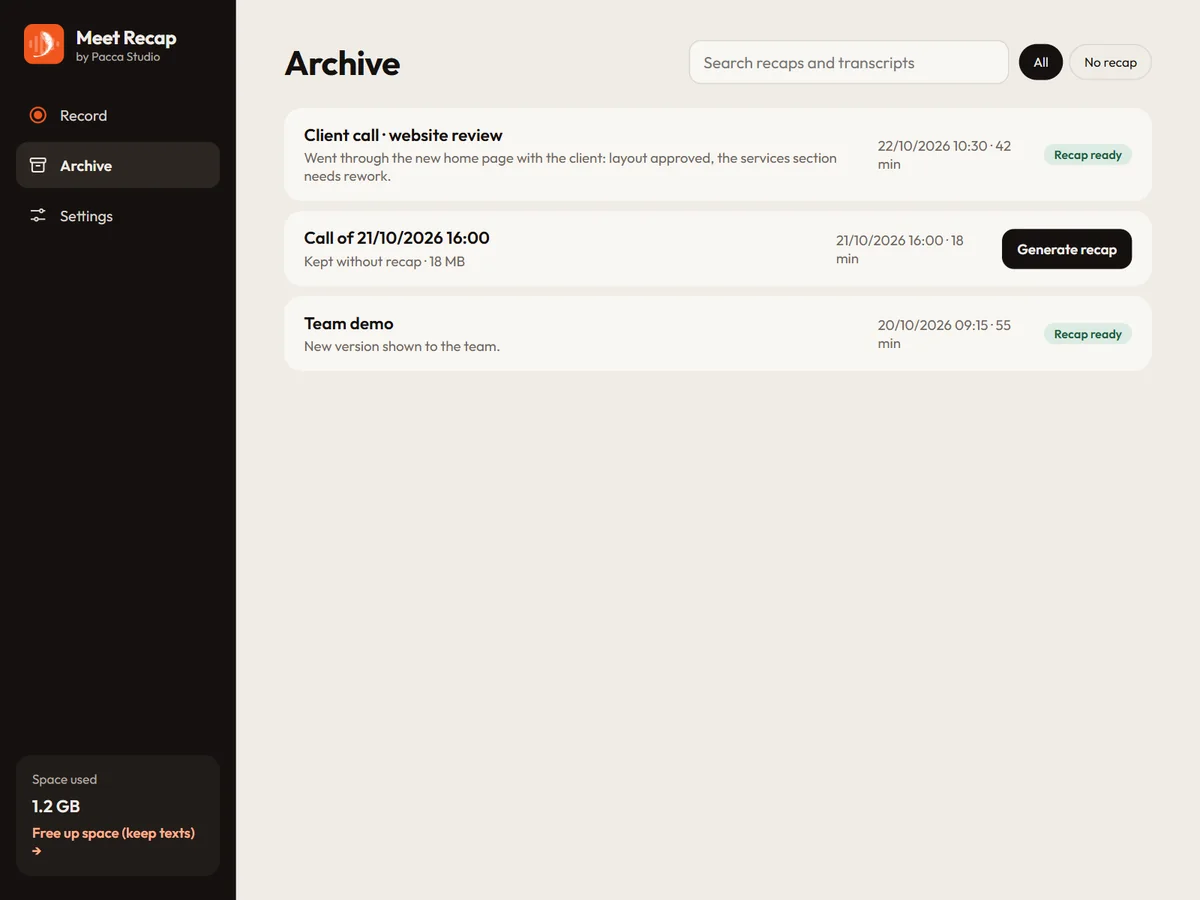 The Meet Recap Archive with the search and the list of meetings