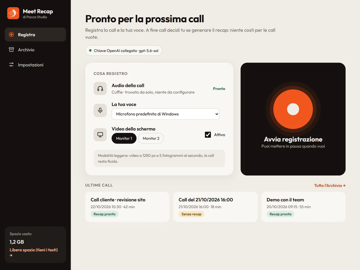 La schermata Registra di Meet Recap con le sorgenti audio e video