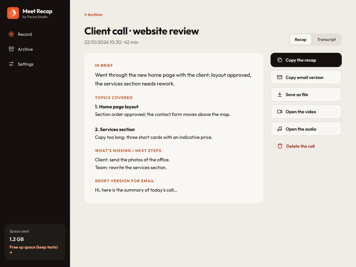 A meeting recap in Meet Recap: in short, topics discussed, next steps and e-mail version