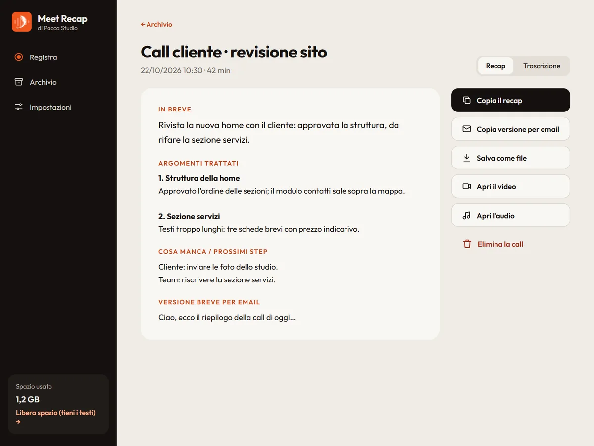 Il recap di una riunione in Meet Recap: in breve, argomenti trattati, prossimi passi e versione per email