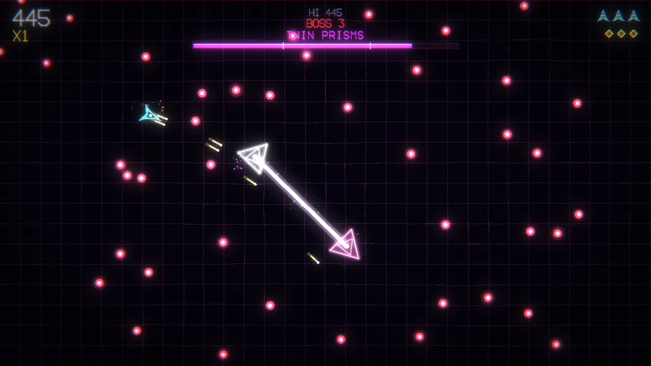 TWIN PRISMS, il terzo boss: due triangoli legati da un raggio bianco, tra anelli di colpi